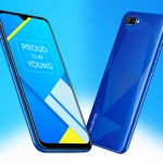 The Realme C2 smartphone in diamond blue color.