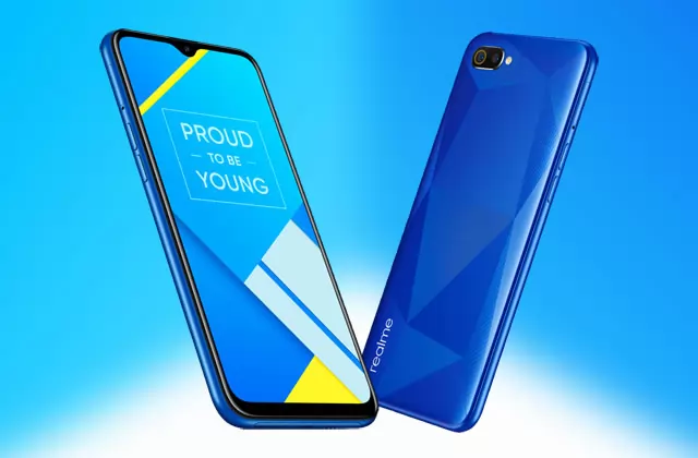The Realme C2 smartphone in diamond blue color.