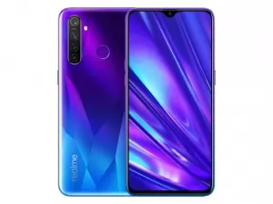 The Realme 5 Pro smartphone in sparkling blue color.