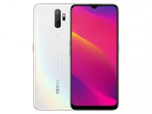 The OPPO A5 2020 smartphone in Dazzling White color.