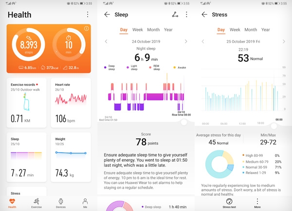 Huawei Watch GT 2 sleep and stress measurements viewed on the Huawei Health app.