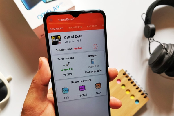 OPPO A9 2020 achieves 39 fps while running Call of Duty.