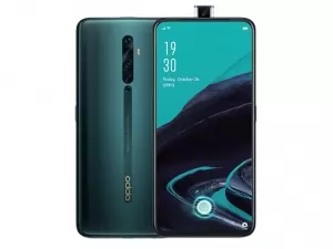 The OPPO Reno2 F smartphone in Lake Green color.