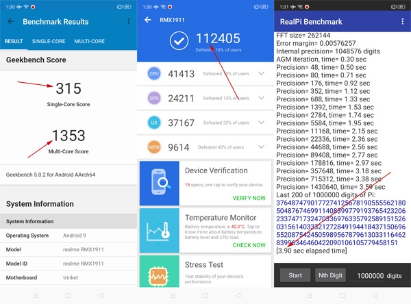 Realme 5 Benchmark scores from left to right - Geekbench, Antutu, and Real Pi).