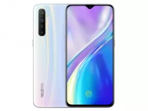 The Realme XT smartphone in pearl white color.