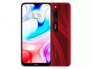 The Xiaomi Redmi 8 smartphone in Ruby Red color.