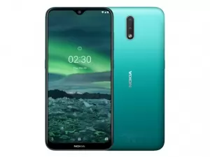 The Nokia 2.3 smartphone in Cyan Green.