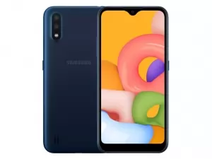 The Samsung Galaxy A01 smartphone in blue.