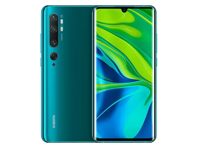 The Xiaomi Mi Note 10 smartphone in Aurora Green color.