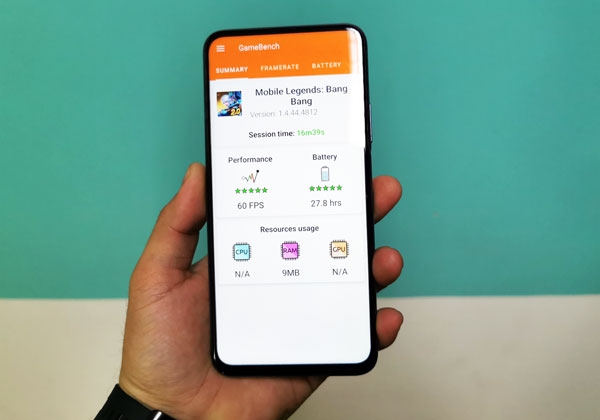 Gaming test results of Mobile Legends on the Huawei Y9s.