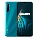 The Realme 5i smartphone in Aqua Blue color.