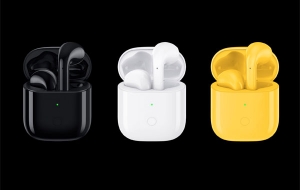 The Realme Buds Air in black, white and yellow.
