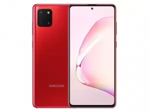 The Samsung Galaxy Note 10 Lite smartphone in Aura Red color.