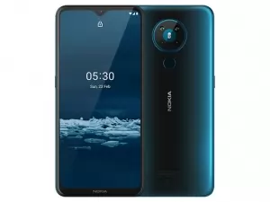 The Nokia 5.3 smartphone in cyan.