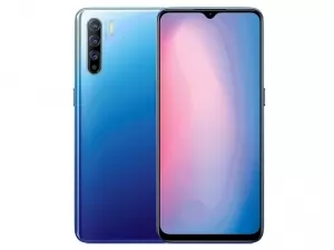 The OPPO Reno3 smartphone in Auroral Blue color.
