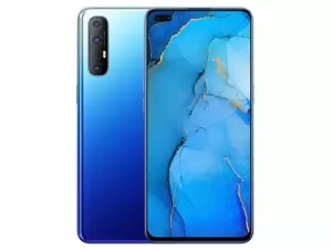 The OPPO Reno3 Pro smartphone in Auroral Blue color.