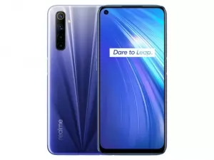The Realme 6 smartphone in comet blue color.