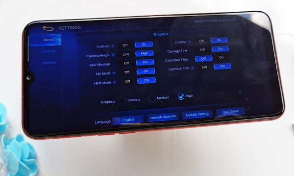 Graphics settings of Mobile Legends on the Realme C3 during the tests.