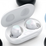 The Samsung Galaxy Buds+ in white.