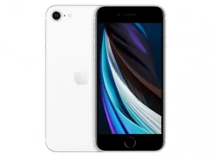 The iPhone SE (2020) smartphone in white.