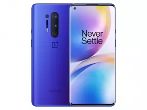 The OnePlus 8 Pro smartphone in Ultramarine Blue color.