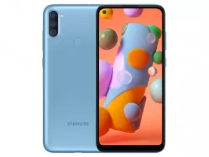 The Samsung Galaxy A11 smartphone in blue.