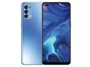 The OPPO Reno4 smartphone in Galactic Blue color.