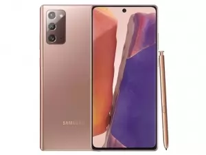 The Samsung Galaxy Note20 smartphone in Mystic Bronze.