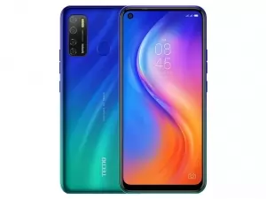 The TECNO Spark 5 Pro smartphone in Seabed Blue color.
