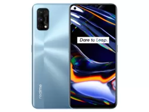 The realme 7 Pro smartphone in Mirror Blue color.