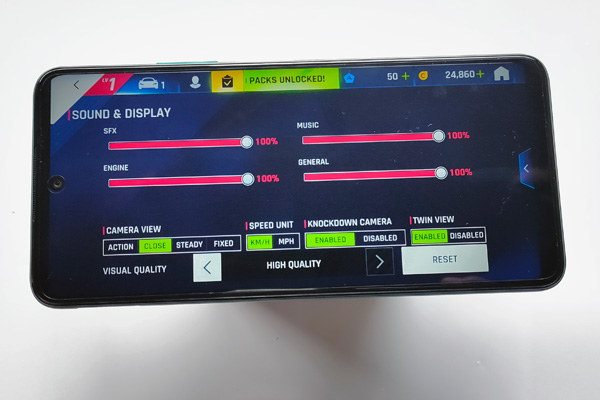 Graphics settings of Asphalt 9 on the Huawei Y7a.