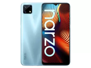 The realme narzo 20 smartphone in blue.