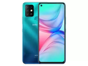 The Infinix Hot 10 smartphone in Ocean Wave color.