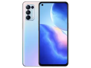 The OPPO Reno5 4G smartphone in Fantasy Silver color.