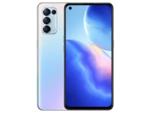 The OPPO Reno5 5G smartphone in Galactic Silver color.