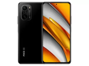 The POCO F3 smartphone in black.