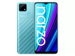 The realme narzo 30A smartphone in Laser Blue color.