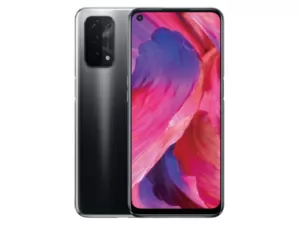 The OPPO A74 5G smartphone in Fluid Black color.