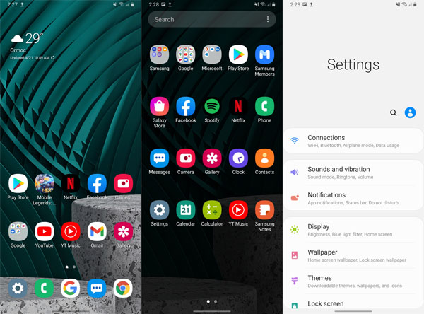 Screenshots of the Samsung Galaxy A12's home screen, app drawer, and Settings.