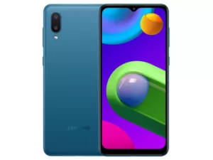 The Samsung Galaxy M02 smartphone in blue.