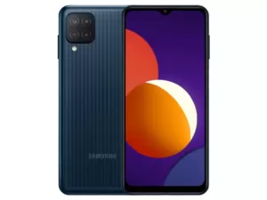 The Samsung Galaxy M12 smartphone in blue.