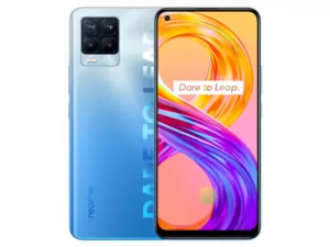 The realme 8 Pro smartphone in Infinite Blue color.