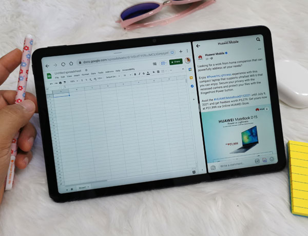 Loading Google Sheets and Facebook in split-screen mode on the new Huawei MatePad.