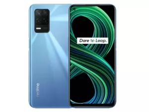 The realme 8 5G smartphone in Supersonic Blue color.