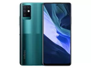 The Infinix Note 10 smartphone in Emerald Green color.