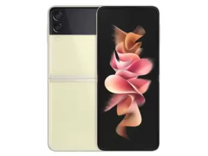 The Samsung Galaxy Z Flip3 5G smartphone in Cream color.