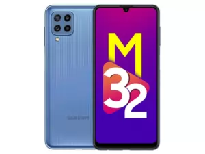 The Samsung Galaxy M32 smartphone in light blue color.