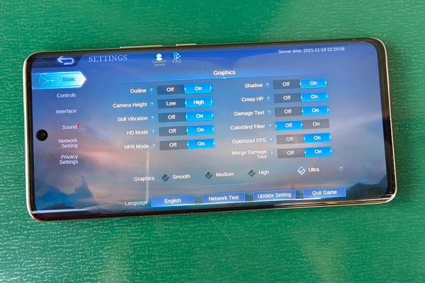 Graphics settings of Mobile Legends on the Huawei nova 8.