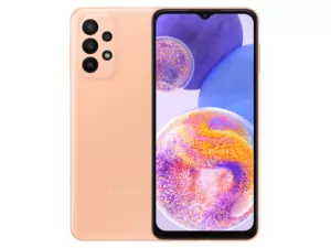 The Samsung Galaxy A23 smartphone in Peach.