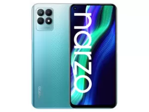 The realme narzo 50 smartphone in blue.